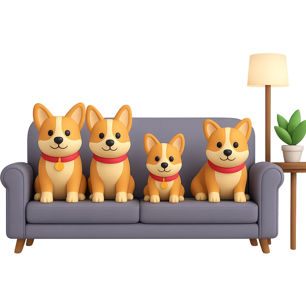 Change the dog family to a corgi breed, keep the bright family room scene, in the style of 3D emoji style, with no background. emoji