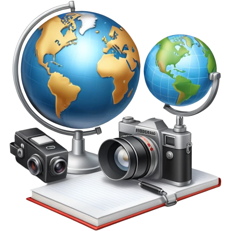 An icon showing a microphone, a notepad, and a camera, symbolizing journalism. The design includes a globe in the background, representing global news, and a breaking news banner for emphasis. Transparent background highlights the dynamic world of media and reporting. emoji