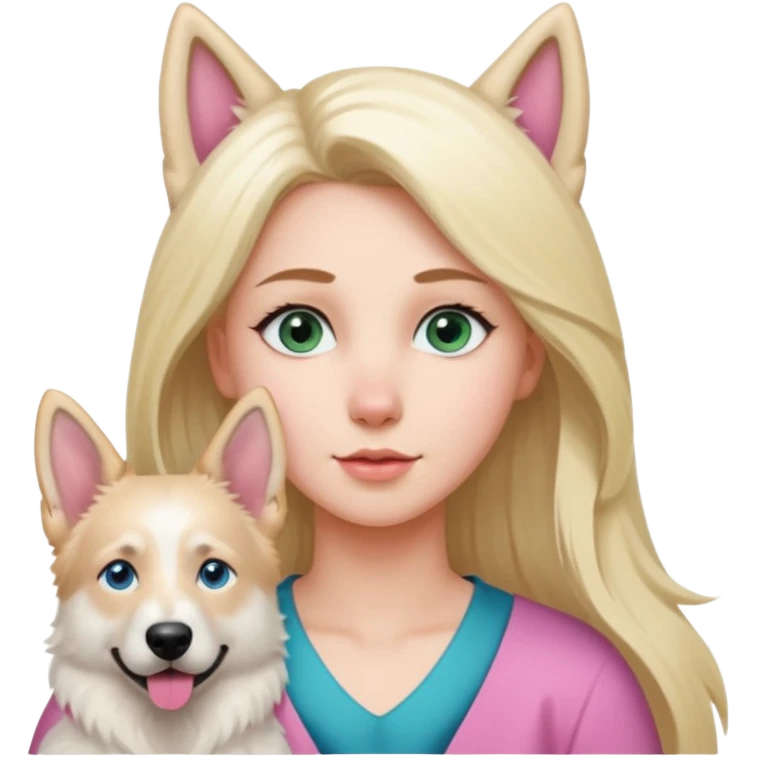 White European young woman with blue-green eyes and long blond hair with her white German Shepherd dog,the Dog hast a pink nose and short fur  ans Brown eyes emoji
