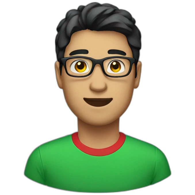 Man with black hair and glasses wearing red tshirt with green collar emoji