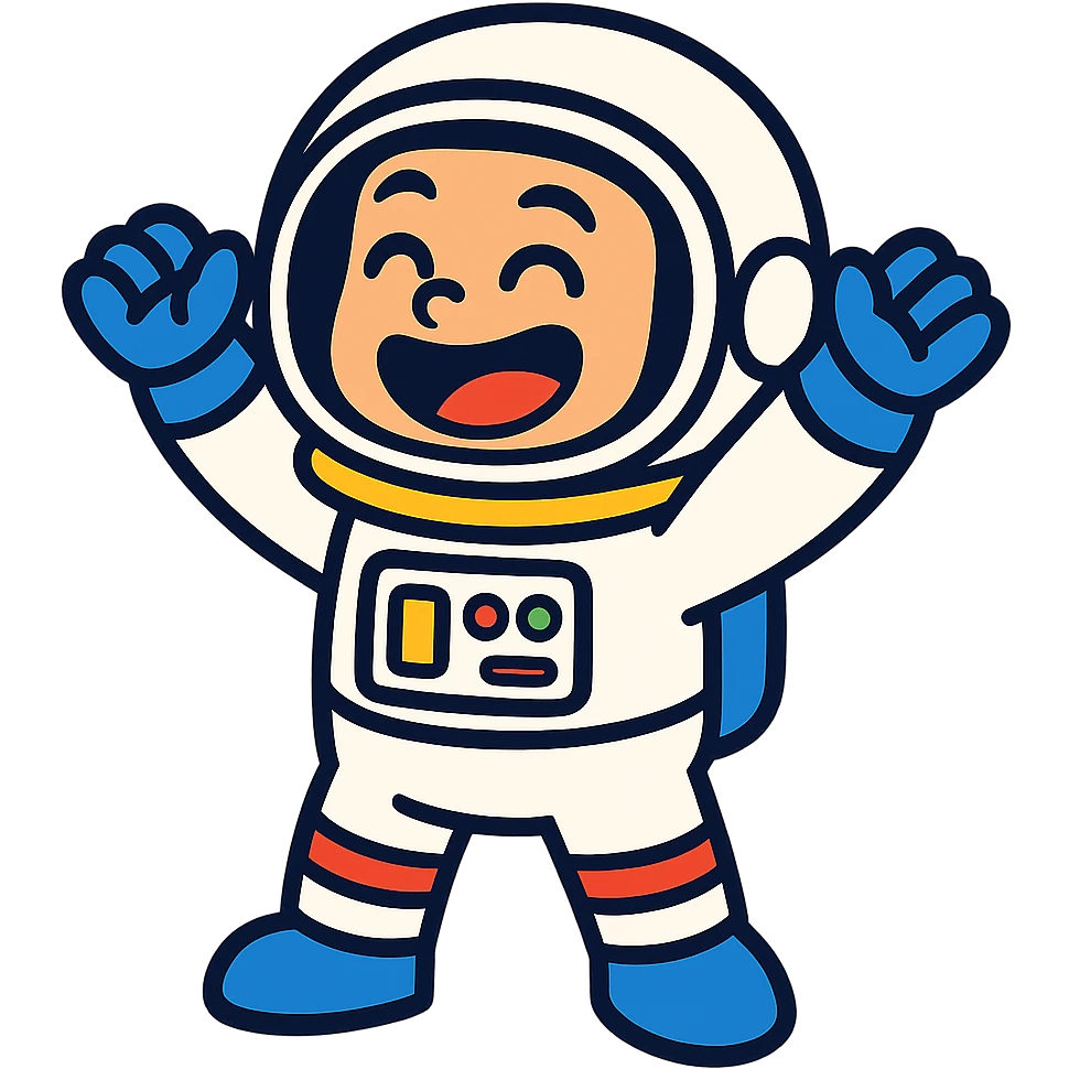 little astroneer with white suit and white helmet, very happy emoji