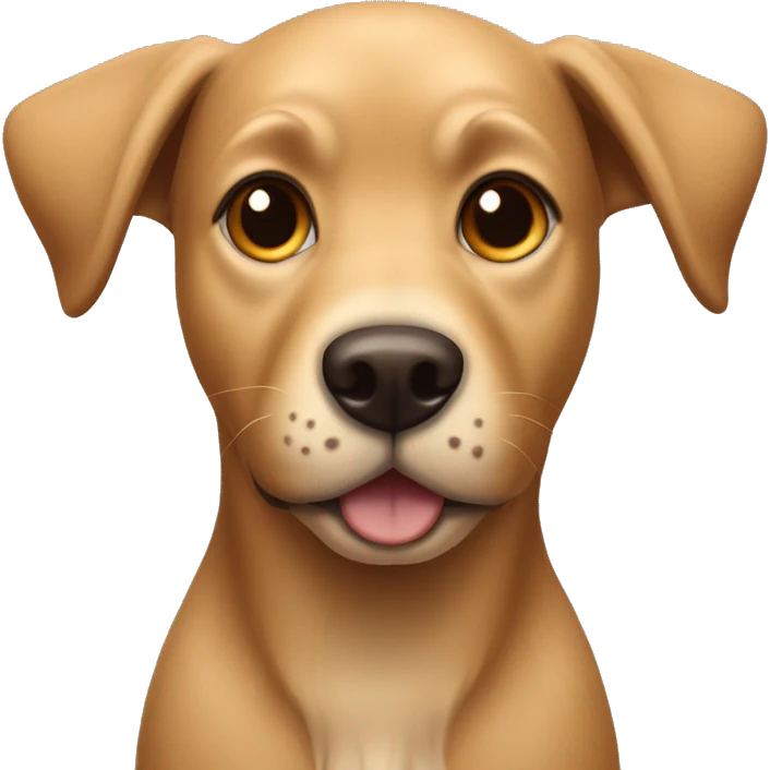 A fawn colored dog with one pointy ear and a floppy ear happy emoji