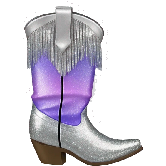 Realistic silver and lavender ombre pair of fashion cowgirl boots with sparkly shiny glitter fringe on them. emoji