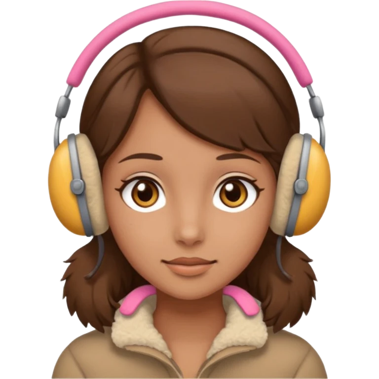 A girl wearing beige ear muffs, tan skin, brown hair, brown eyes emoji