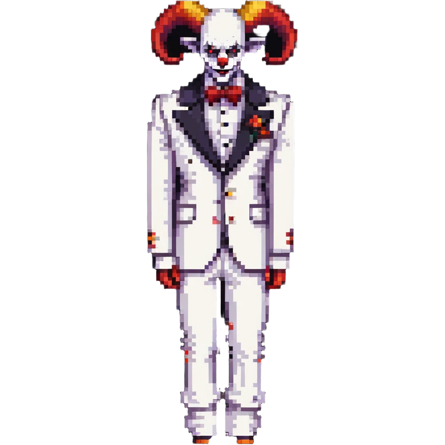 full-body demonic clown in a white leisure suit with bellbottom pants, bald, with black ram horns, wearing elevator shoes emoji