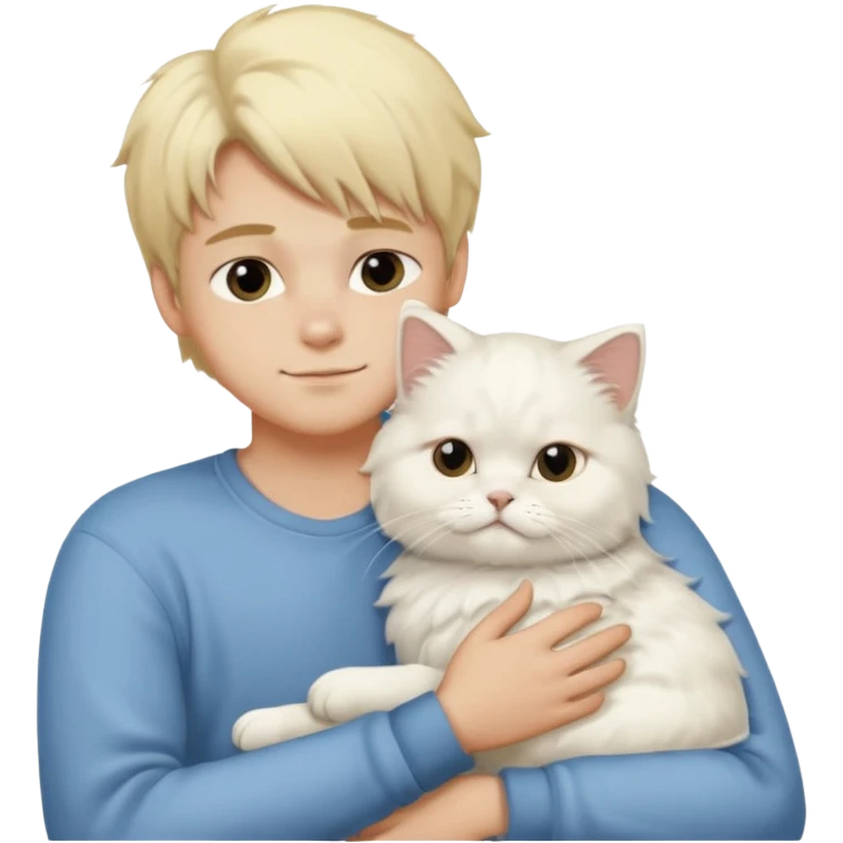 Blonde boy snuggling white Persian cat emoji