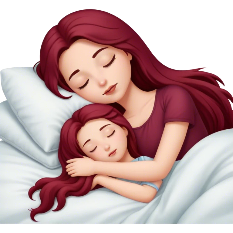 A beautiful, burgundy long haired girl sleeping in bed emoji