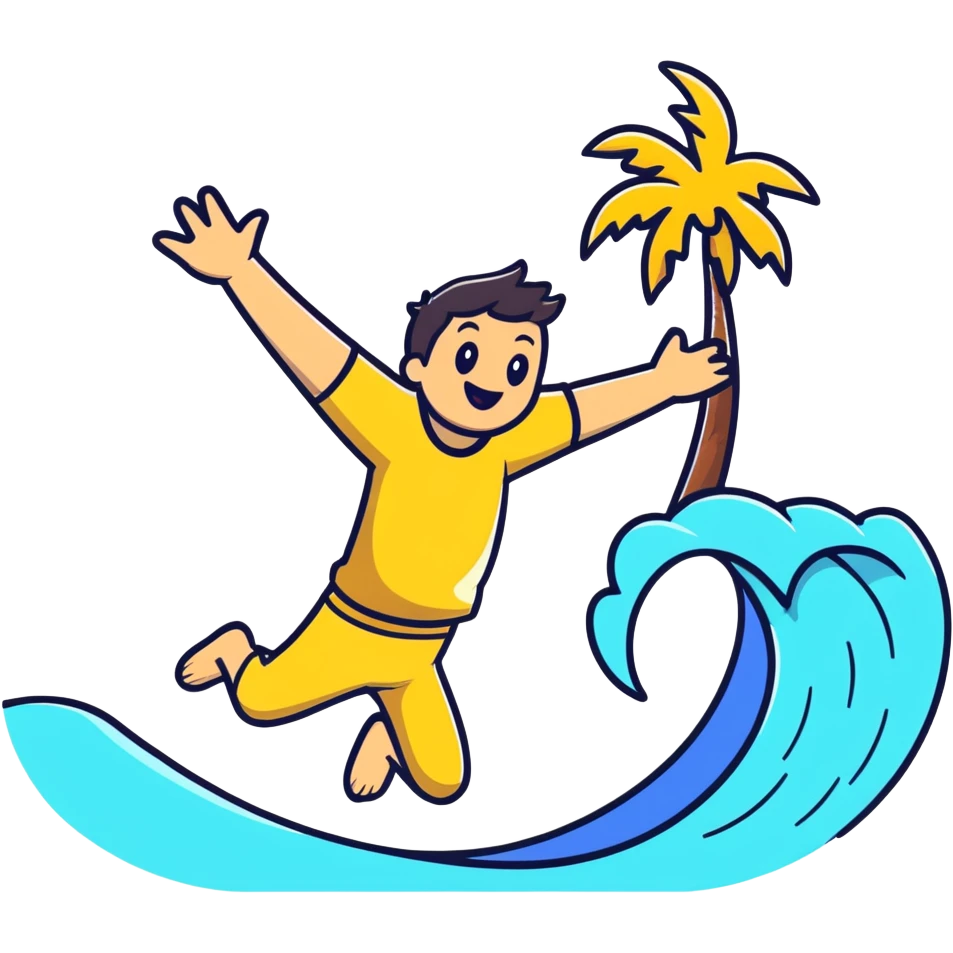 Fun cartoon character jumping happily on beach with waves and palm tree, bright colors emoji