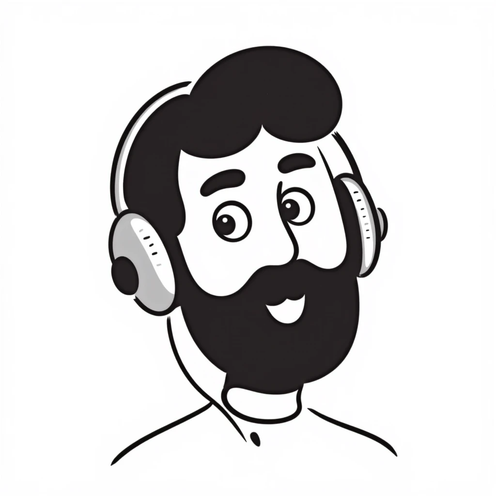 A person with black hair, brown eyes, black beard wearing gaming headphones, saying "Bonjour!" emoji
