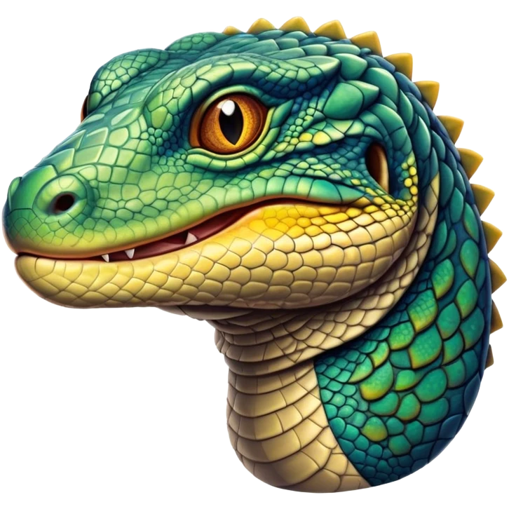 Cinematic Noble Monitor Lizard Portrait Emoji, Poised and regal, with a robust, scaled body exhibiting striking, mottled patterns and piercing, alert eyes, Simplified yet sharp and sophisticated features, highly detailed, glowing with a soft, earthy glow, high shine, intelligent and formidable, stylized with an air of ancient wilderness, focused and commanding, soft glowing outline, capturing the essence of a watchful and confident reptilian guardian that appears ready to stride out of the screen with effortless authority! emoji