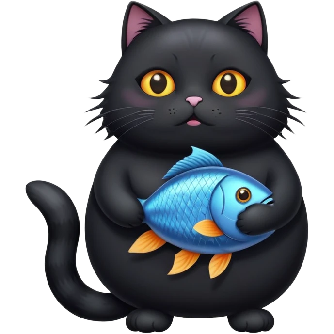 Fat black cat with fish  emoji