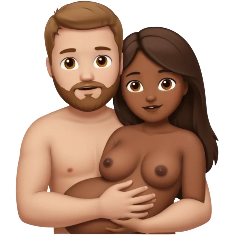 chubby white guy with brown hair and beard, holding a brown girl with long dark hair in arms, naked, showing tits and pussy emoji