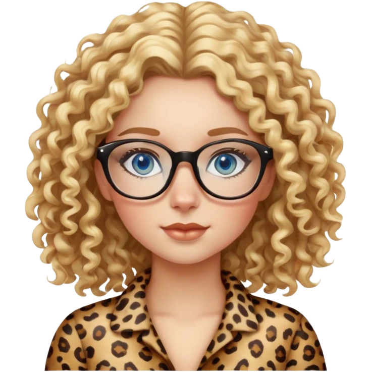 Girl with curly blond hair blue eyes cheetah print glasses  emoji