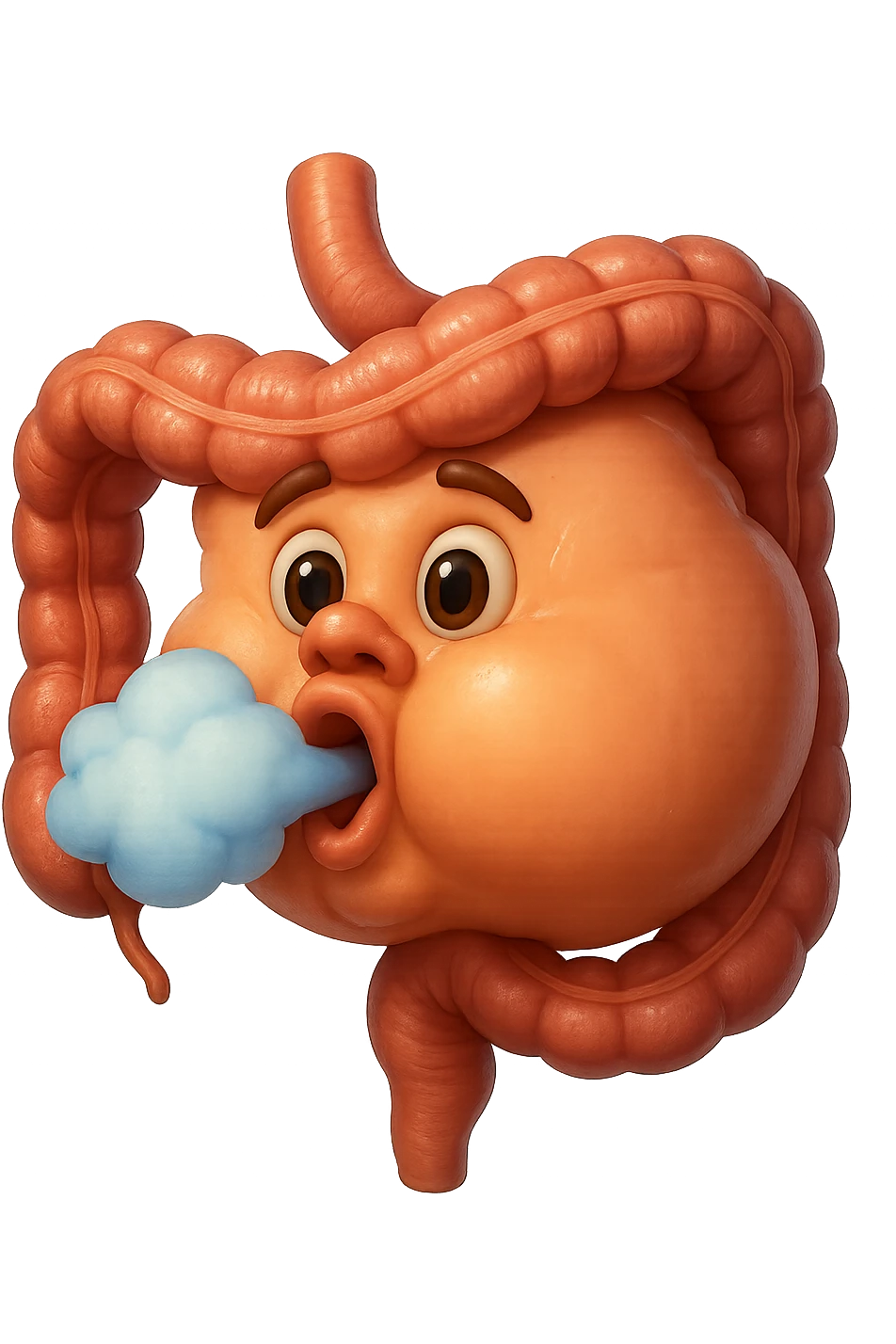 emoji stile iphone di un intestino che ingoia una nuvoletta di aria ben visibile e gli si gonfia la pancia, non fargli il naso, iperrealistico 4k emoji