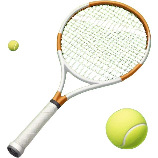 A tennis racket and ball positioned on a grass court, with the net and lines clearly visible in the background. The scene emphasizes the classic elements of the sport, capturing the energy and precision of a tennis match. emoji