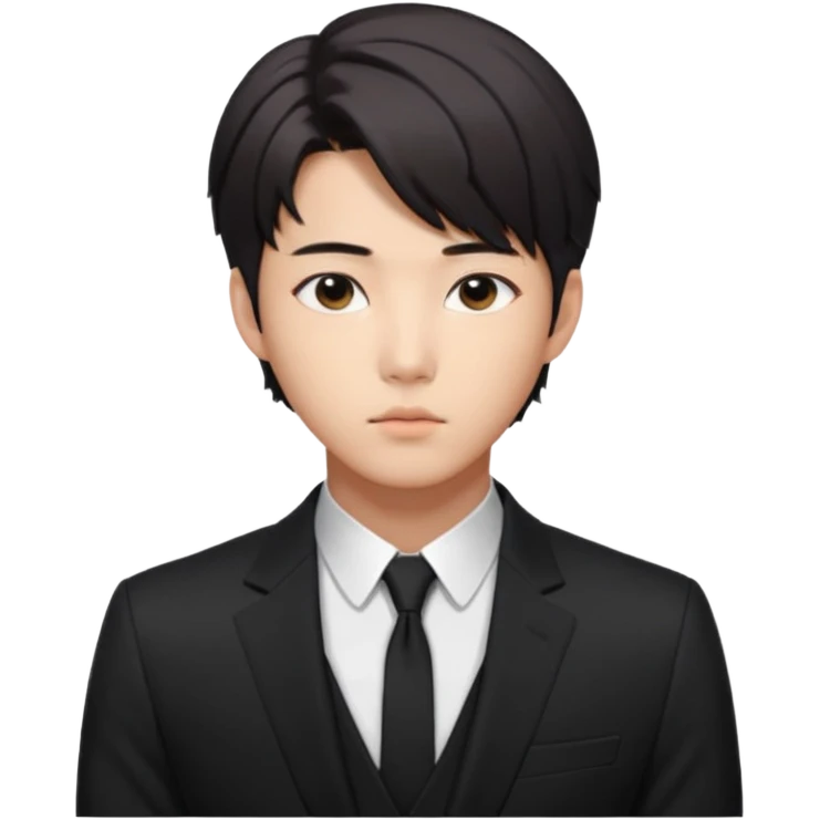 Create a Korean male idol in sleek black suit, side-swept hair & serious gaze, inspired by RM of BTS. emoji