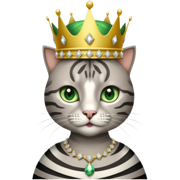 Gatito gris con rayas negras ojos verdes vestida de reina con coronas y diamantes emoji
