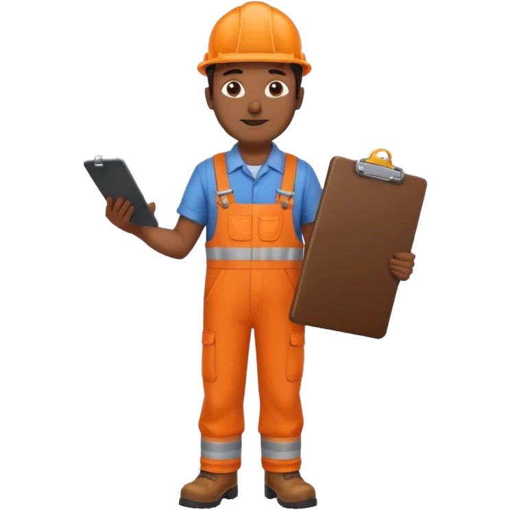 Indian male railway engineer orange overalls, boots holding a clipboard in one hand emoji