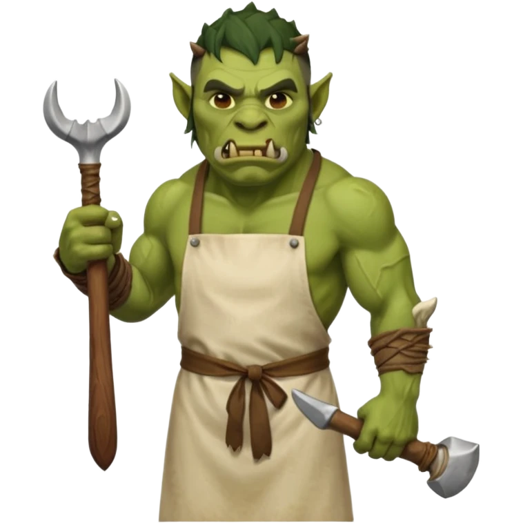 orc male Apron with "Kiss the Cook" (scratched out, replaced with "Fear the Cook"), giant rib bone as a weapon. emoji