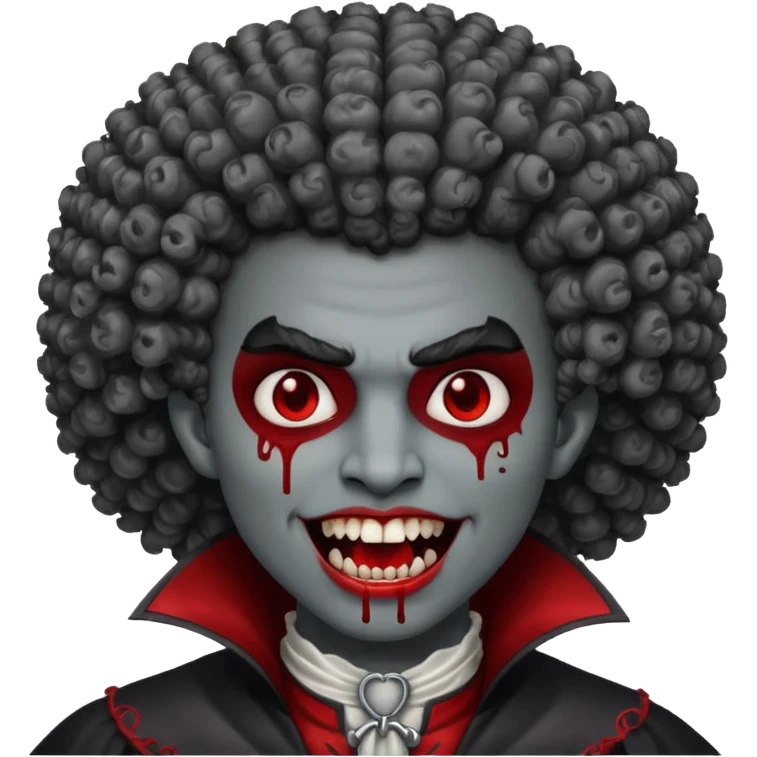 vampire with grey skin, fanged teeth, blood on face and a curly Afro emoji