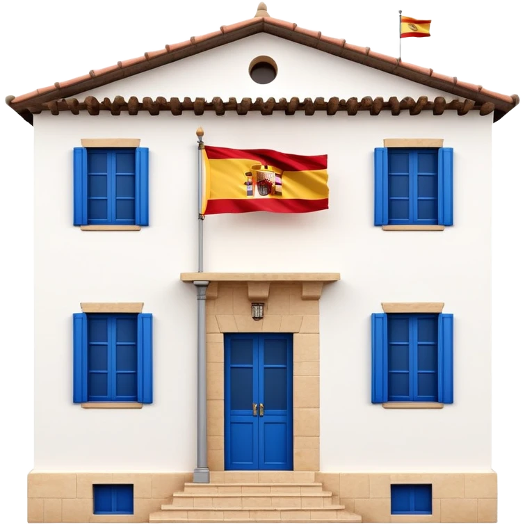 Andalusian-style Spanish house with white walls, blue windows, Spanish flag (red-yellow-red horizontal stripes) hanging from a small flag pole on the facade emoji