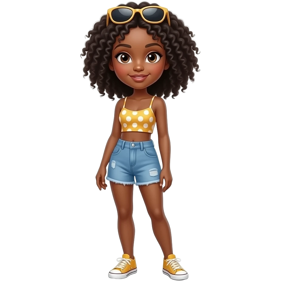 create a black girl wearing summer outfit, fashionable, sunglasses above head, full body emoji