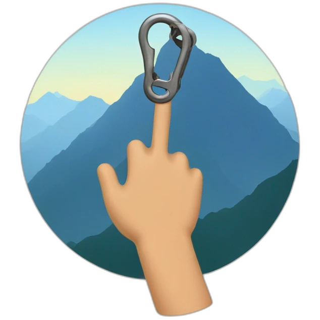a hand holding a climbing clip in front of a mountain emoji