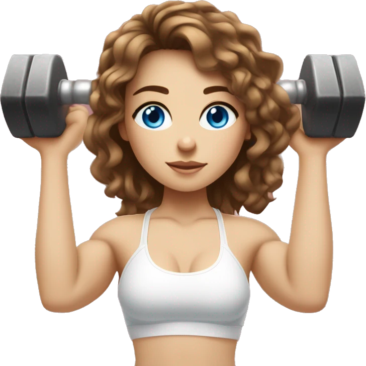 Girl with brown wavy hair and a fringe over her forehead, wearing a white sports bralette, has strong feminine muscles, lifting weights in the gym holding barbells she is light skinned with blue eyes emoji