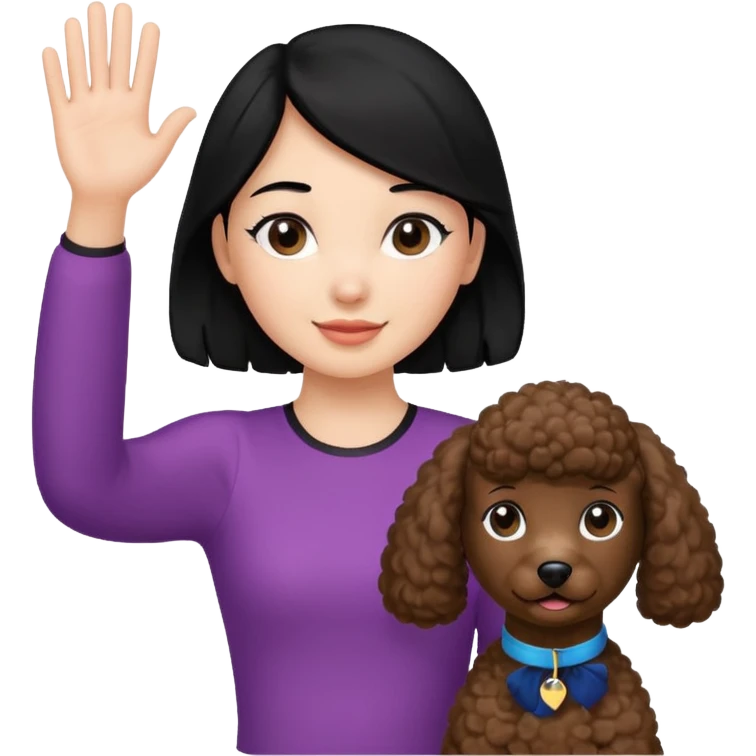 Ponytail black hair girl with brown Poodle say goodbye  emoji
