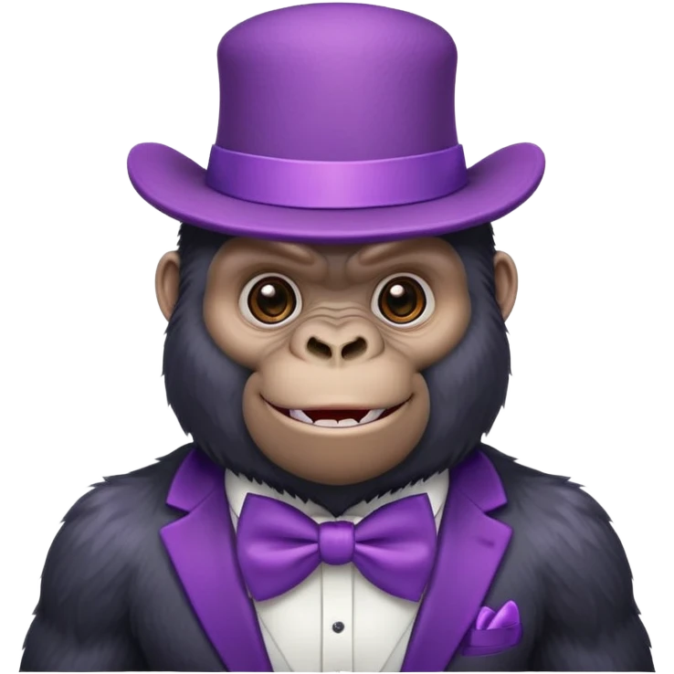 A cute, furry gorilla wearing a big purple hat and a bow tie and looking happy. emoji