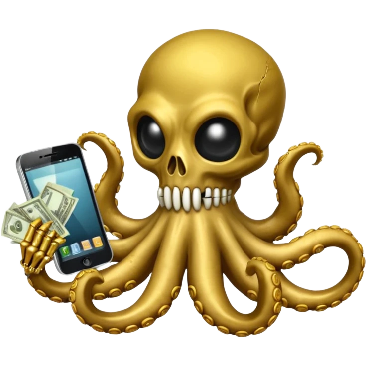 satanic octopus skeleton with scary evil eyes wearing a gold necklace and balaclava. 1 tentacle is holding a cellphone, 1 tentacle is holding a bone, 1 tentacle is holding a stack of cash. emoji