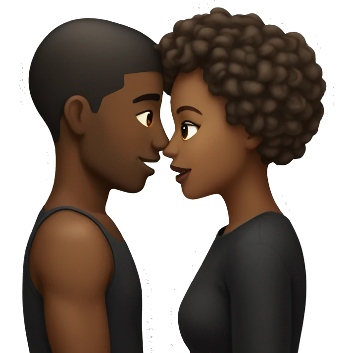 Two Aries kissing light skin black man and medium tone black woman with both having horns emoji