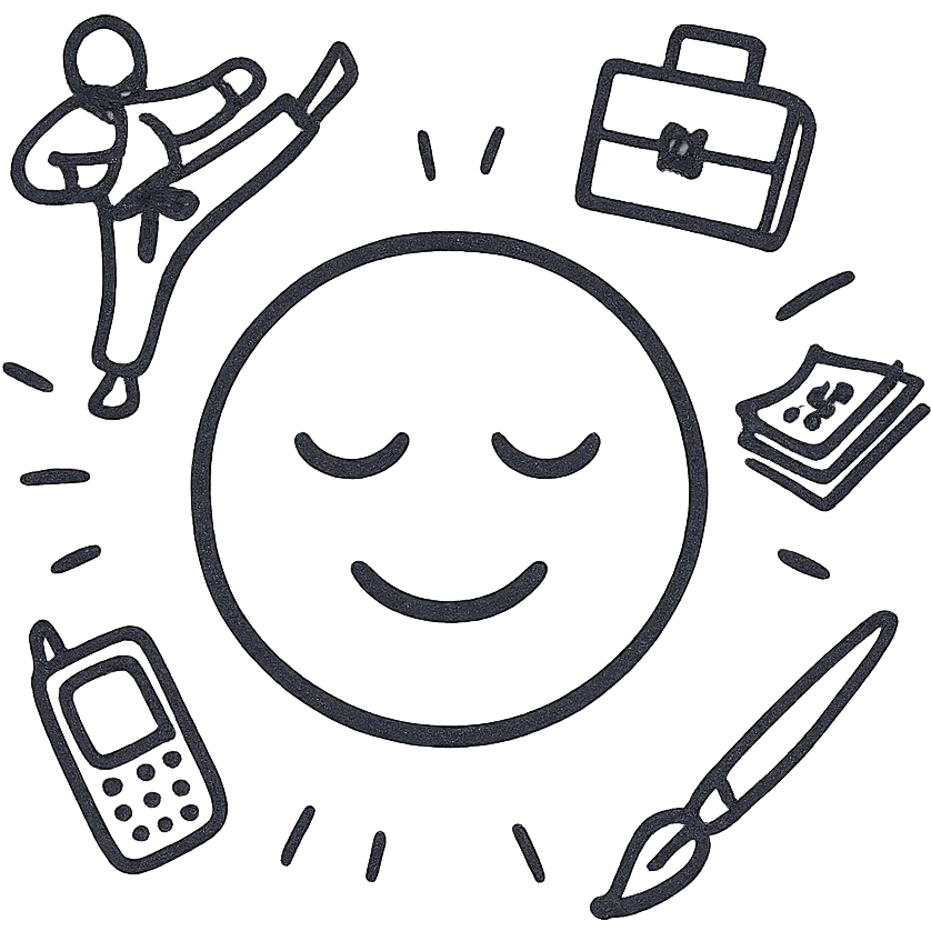 Yellow emoji with karate dogs, a briefcase, money, a phone and a paintbrush flying in its aura emoji
