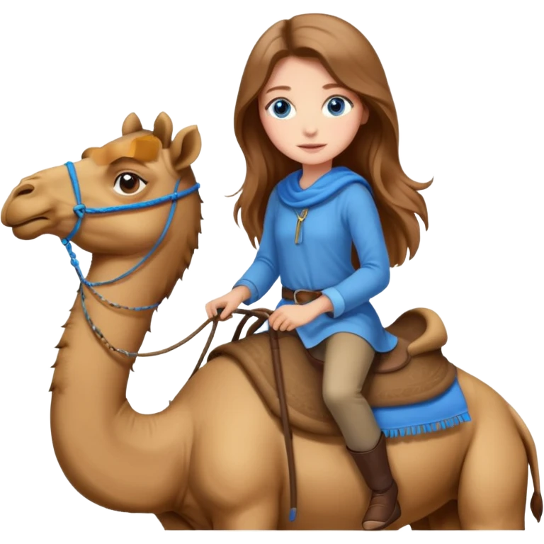 Girl with long light brown hair blue eyes riding canel emoji