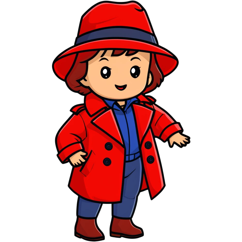 Baby Carmen Sandiego in red trench coat and hat, cute detective emoji