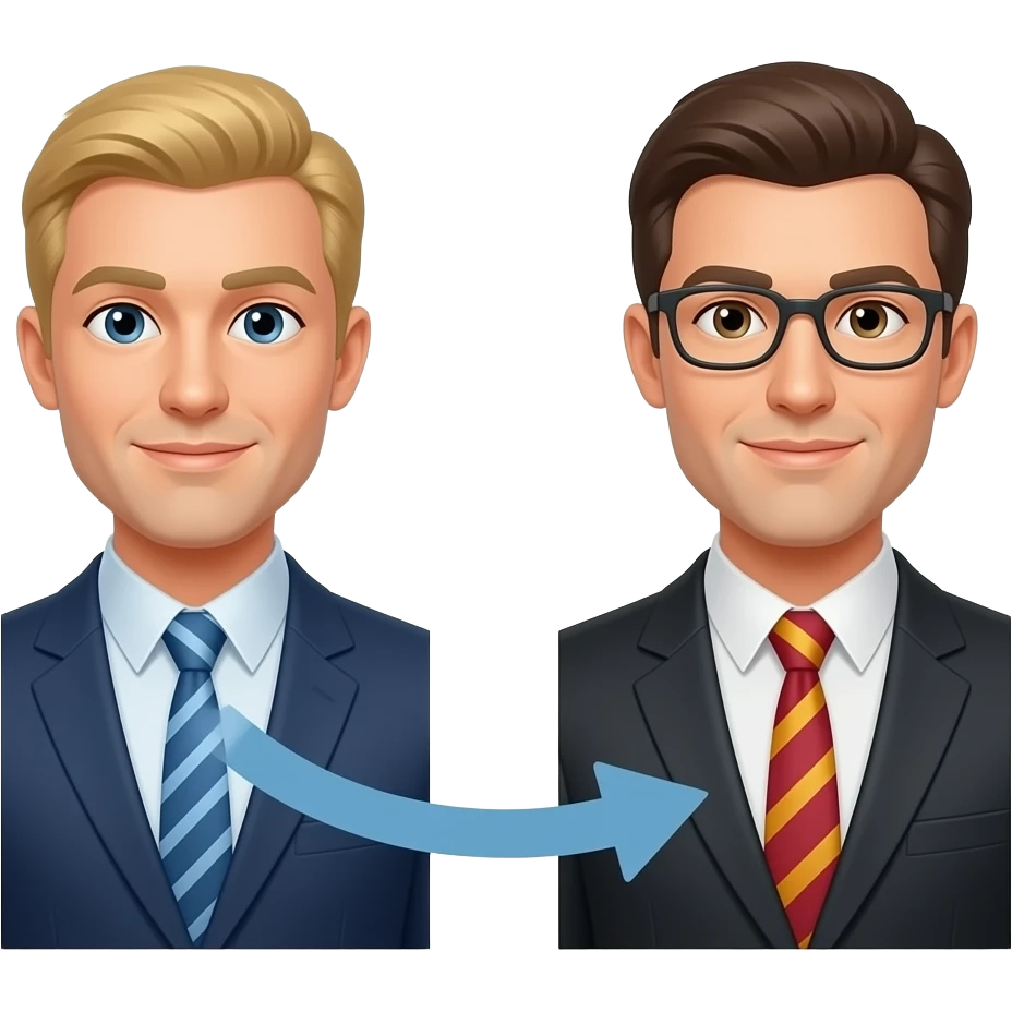 Simple emoji-style icon of two business people with ties connected by up and down arrows, minimal, flat, blue-to-purple gradient, clean and modern. emoji
