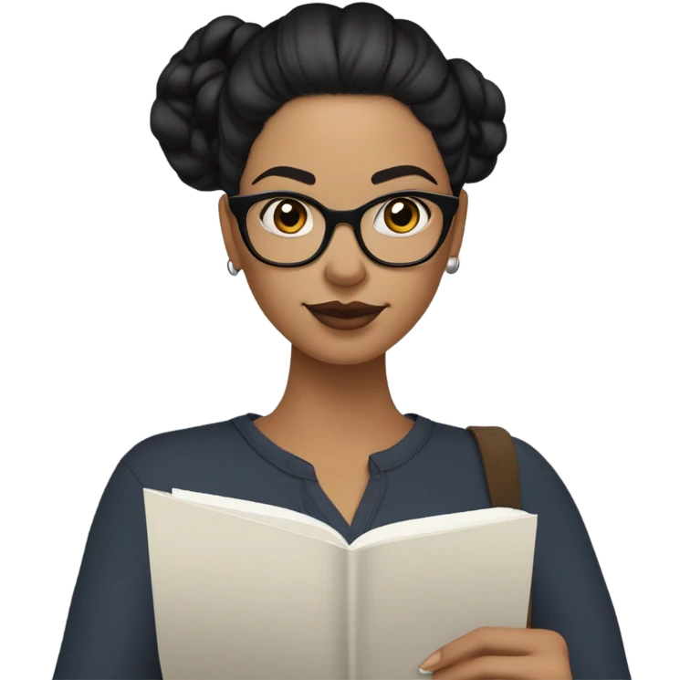 A woman with Black hair with a bun in the top of her head, she has glasses, she is writing a note on her notebook, we can see her pencil, she has white skin and skin tone lips emoji