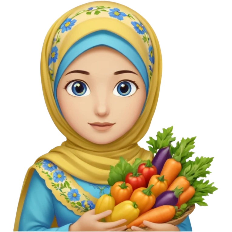 Turkish beautiful finish Konya girl blue eyes with floral yellow and lila hijabi dress and she had on her hand vegetables  emoji
