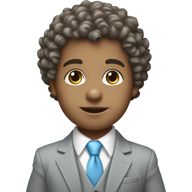 Little young  gentleman wearing a grey suit with white shirt and baby blue tie with blue eyes , white skin and brown  curly hair without grey hair and full body . Wearing a watch and greek emoji