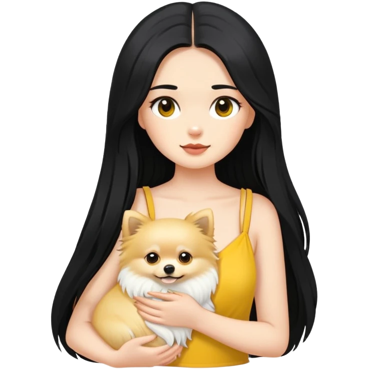 Fair-skinned girl - long black hair - white sling - holding a yellow long-haired Pomeranian emoji
