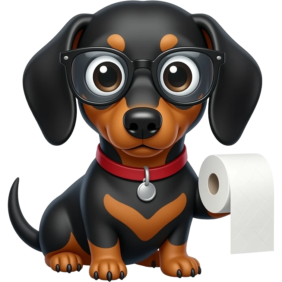 whimsical sitting dachshund wide eyes full body with eye glasses holding a toilet paper emoji
