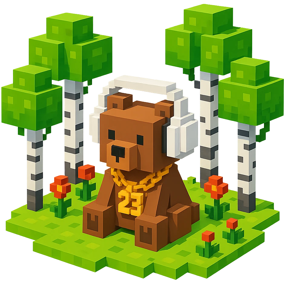 березовый лес, в котором сидит бурый медвежонок в белых наушниках (наушники должны закрывать уши медведя), на медведе цепь с подвеской "23", no background  emoji