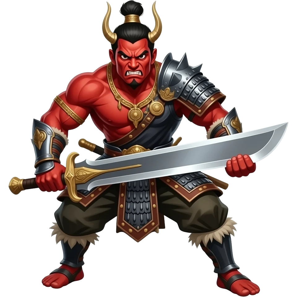 A charging Thai demon soldier (Basic), red skin, fierce look, holding a large sword, muscle build, dramatic battlefield background, card game style. emoji