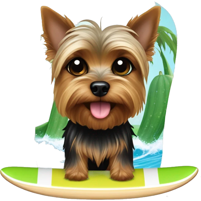 brown and black yorkshire terrier on a surf board with cucumber on the eyes emoji