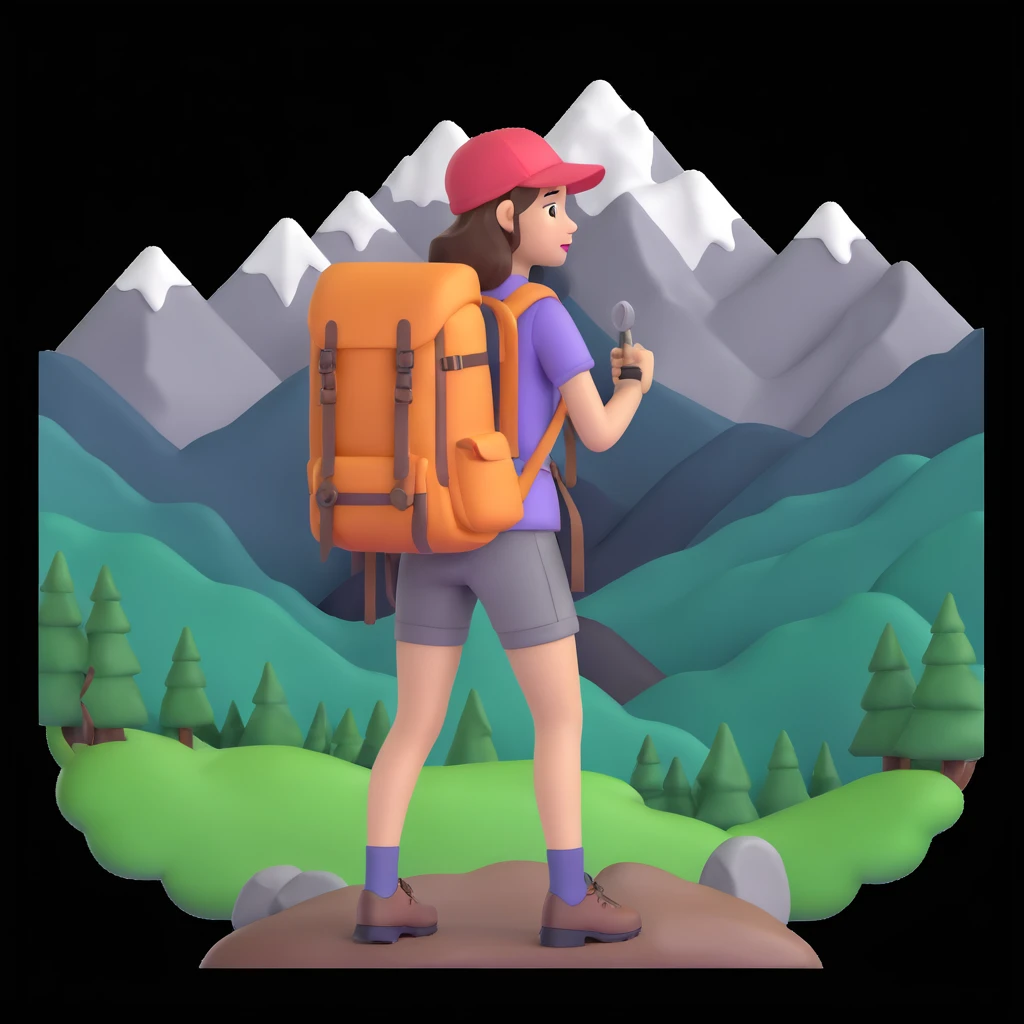 portrait of girl back packing mountains in background, close up pose emoji