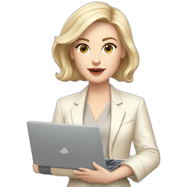 pale skin woman with ash blonde Straightened bob Hair, White Spacious classical jacket, beige palazzo Arrow pants and gray blouse holding a MacBook in the hands emoji