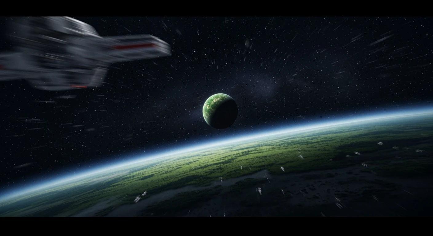 cinematic still, motion blur shutter speed, establishing shot in space showing green planet in distance, inspired by StarWars movie, captured by arri alexa  emoji