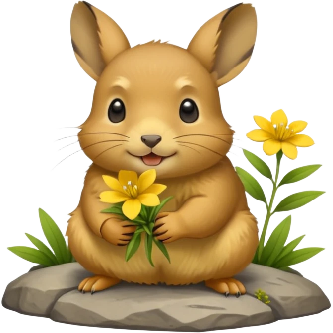 small round mountain pika on all fours, holding flowers in its mouth emoji