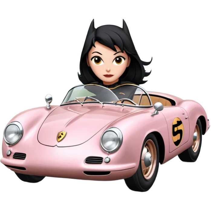 Adult BatGirl driving her satin-black and rose gold 1955 Porsche 550 Spyder too fast in the country, despite the rainy conditions making the tires slippery, sliding sideways with her black hair fluttering in the wind emoji