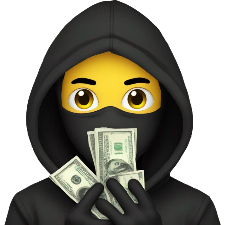 ninja in black hoodie and black mask with dollars in his hands emoji